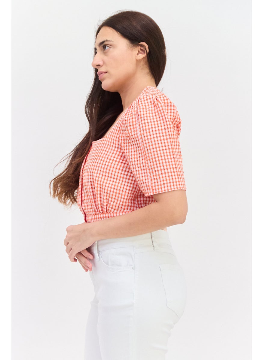 Women Square Neck Short Sleeves Gingham Blouse, Orange - pzsku/ZB269C68D652652310BC7Z/45/_/1738678512/b406c9ab-a954-4073-9003-47b2fda1bde0