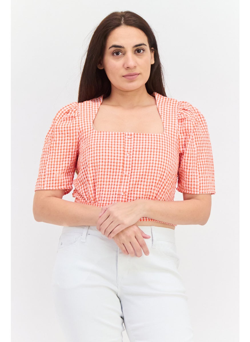 Women Square Neck Short Sleeves Gingham Blouse, Orange - pzsku/ZB269C68D652652310BC7Z/45/_/1738678528/9bb16f04-919a-4e1e-96cd-4e5d2ac583c4