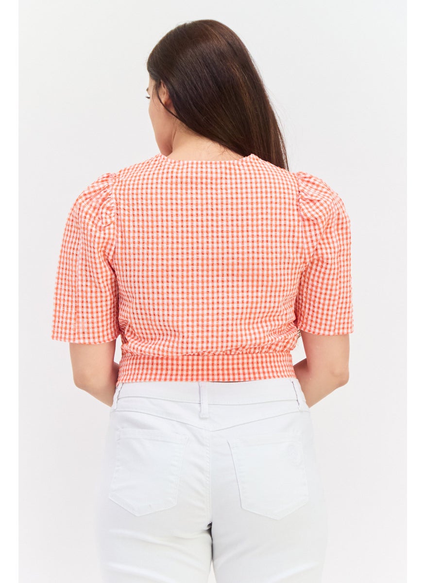 Women Square Neck Short Sleeves Gingham Blouse, Orange - pzsku/ZB269C68D652652310BC7Z/45/_/1738678529/e374b9f3-5edd-4d51-9dcf-5ea6b820f724