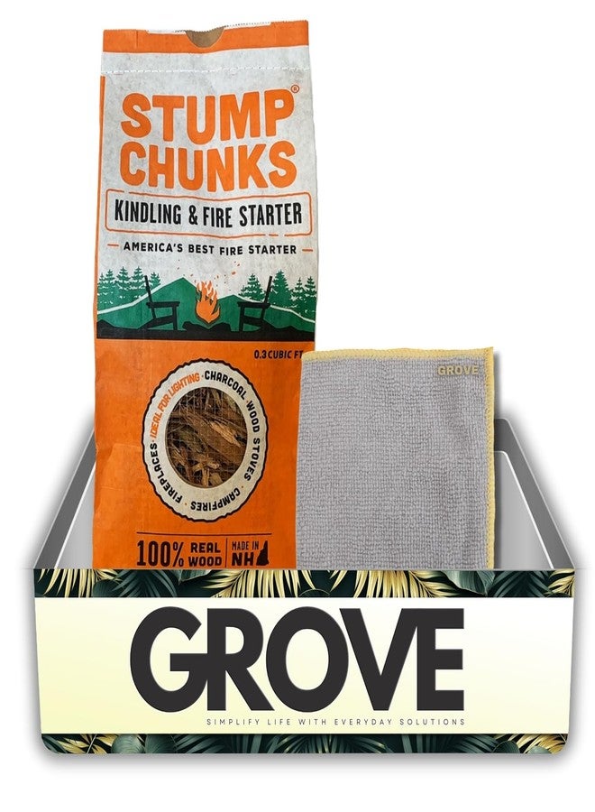 GROVE مشعلات نار للتخييم - ألياف خشبية، 10 دقائق، 0.3 قدم مكعب، حزمة من قطع جذوع الأشجار مع قطعة قماش من الألياف الدقيقة - حطب طبيعي للشوايات والمواقد وأجهزة التدخين والمواقد، بدون إضافات - طقم هدايا (قطعتان) - Image 1