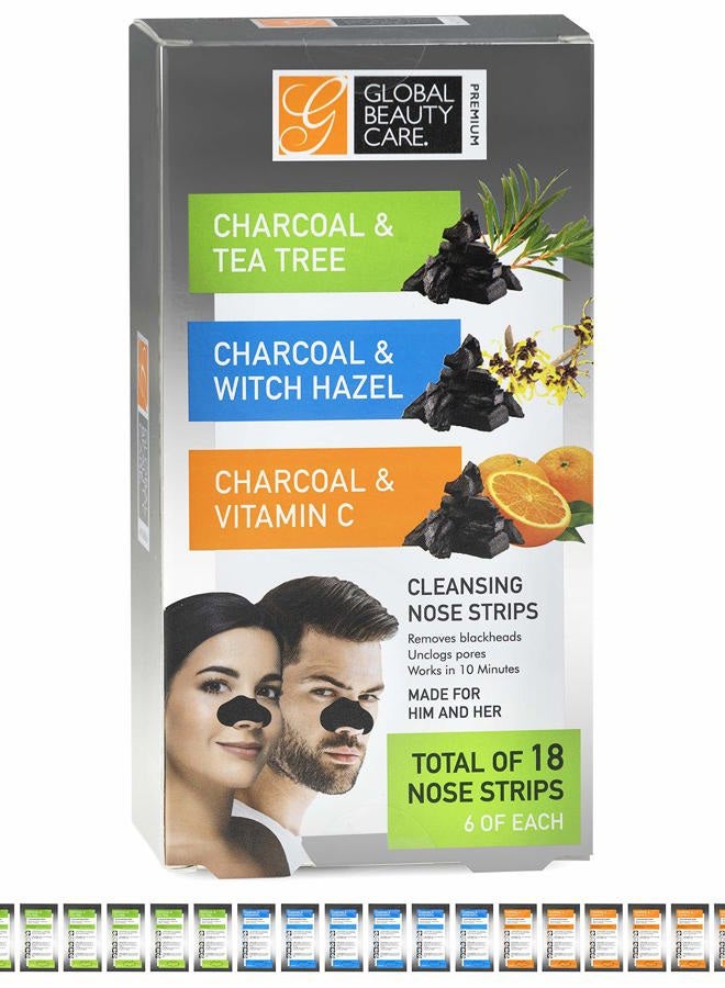 Global Beauty Care Premium 18 Nose Cleansing Strips VARIETY PACK Charcoal with Tea Tree, Witch Hazel, & Vitamin C For Blackheads Removal Strips - 18 Ct - Image 4