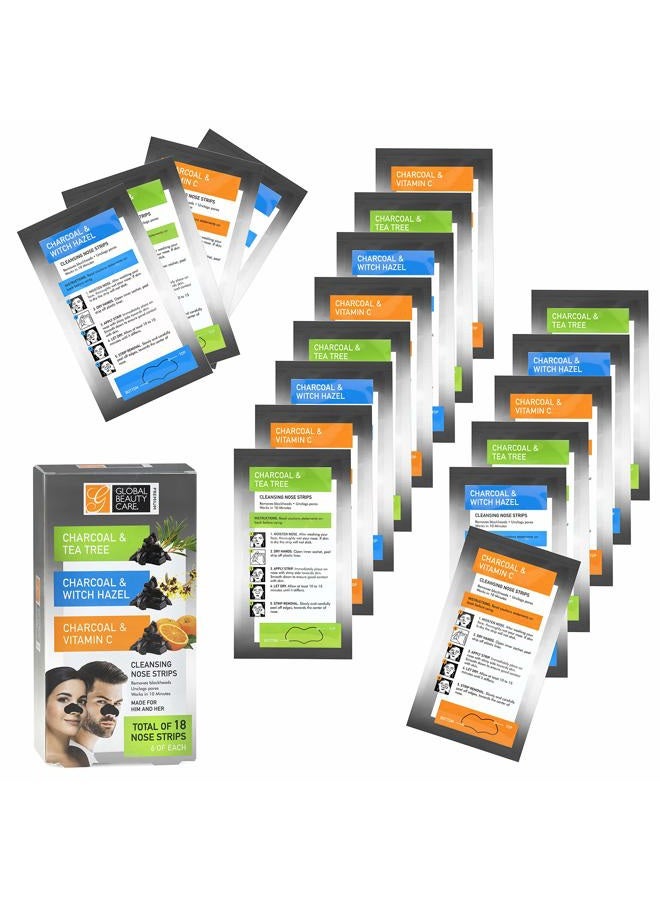 Global Beauty Care Premium 18 Nose Cleansing Strips VARIETY PACK Charcoal with Tea Tree, Witch Hazel, & Vitamin C For Blackheads Removal Strips - 18 Ct - Image 2