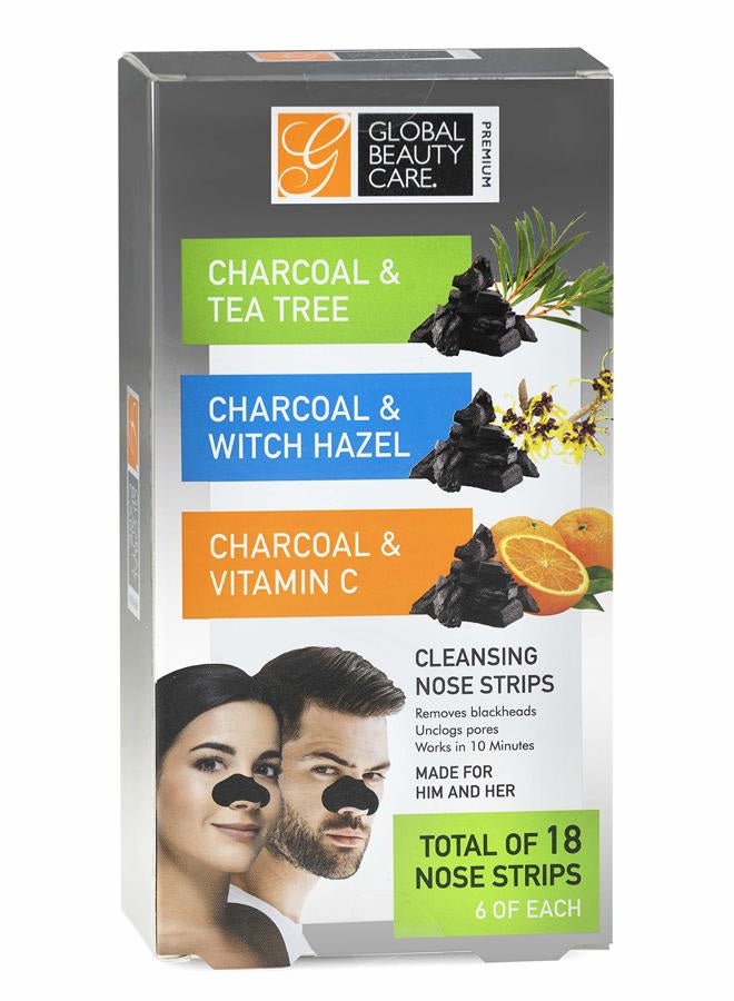 Global Beauty Care Premium 18 Nose Cleansing Strips VARIETY PACK Charcoal with Tea Tree, Witch Hazel, & Vitamin C For Blackheads Removal Strips - 18 Ct - Image 1
