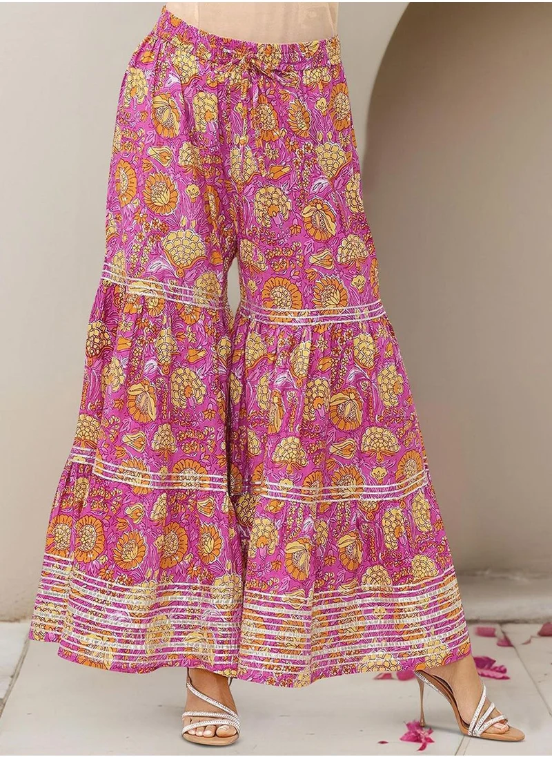 ISHIN Women's Pink 100% Cotton Embellished Tunic Full Length Palazzo Straight Fit Kurta Set