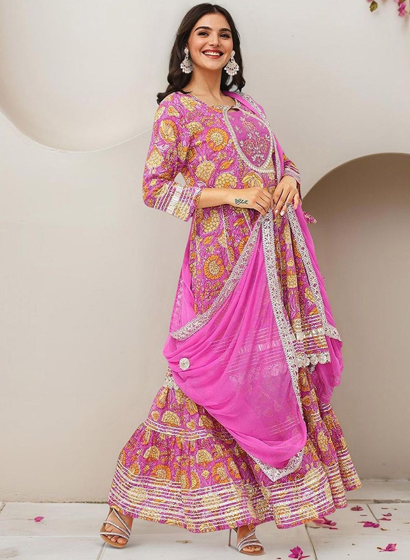 ISHIN Women's Pink 100% Cotton Embellished Tunic Full Length Palazzo Straight Fit Kurta Set  - Image 2