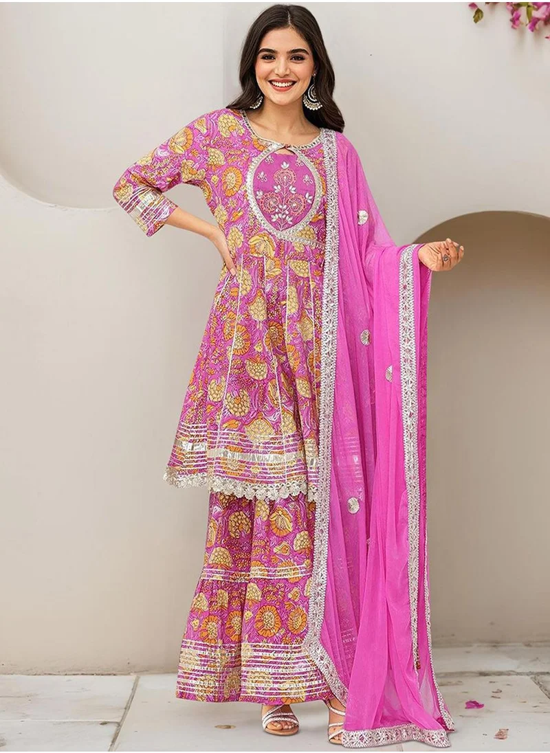 ISHIN Women's Pink 100% Cotton Embellished Tunic Full Length Palazzo Straight Fit Kurta Set
