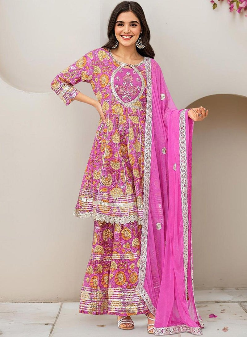 ISHIN Women's Pink 100% Cotton Embellished Tunic Full Length Palazzo Straight Fit Kurta Set  - Image 3