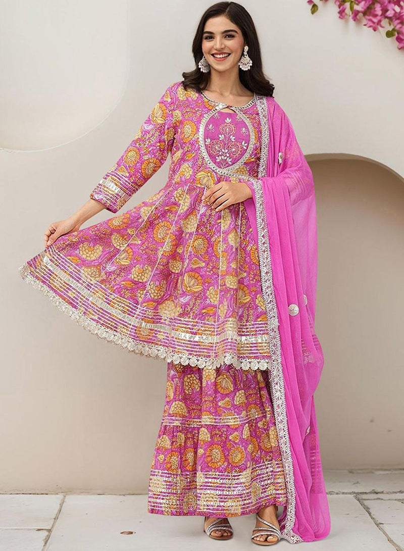 ISHIN Women's Pink 100% Cotton Embellished Tunic Full Length Palazzo Straight Fit Kurta Set  - Image 1