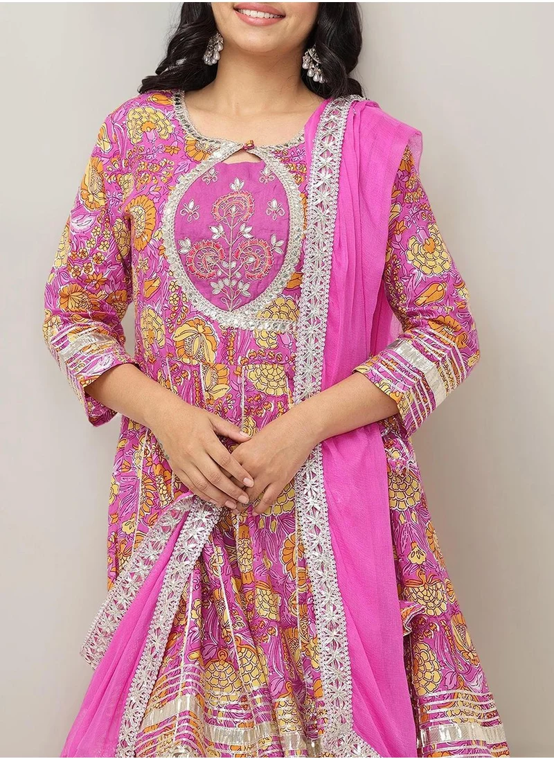 ISHIN Women's Pink 100% Cotton Embellished Tunic Full Length Palazzo Straight Fit Kurta Set