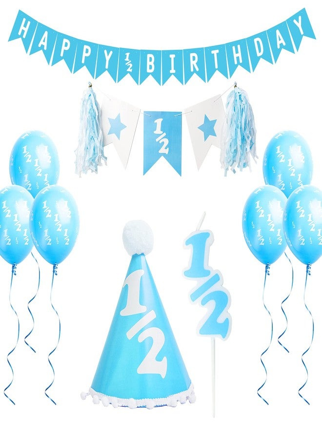 Over The Line Half Birthday Party Pack Decorations: Comes in Baby Blue or Ultra Pink (1/2 Candle, 1/2 Balloons, 1/2 Hat and 1/2 Banners) (Blue) - Image 1
