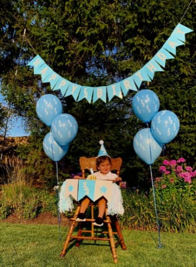 Over The Line Half Birthday Party Pack Decorations: Comes in Baby Blue or Ultra Pink (1/2 Candle, 1/2 Balloons, 1/2 Hat and 1/2 Banners) (Blue) - Image 3