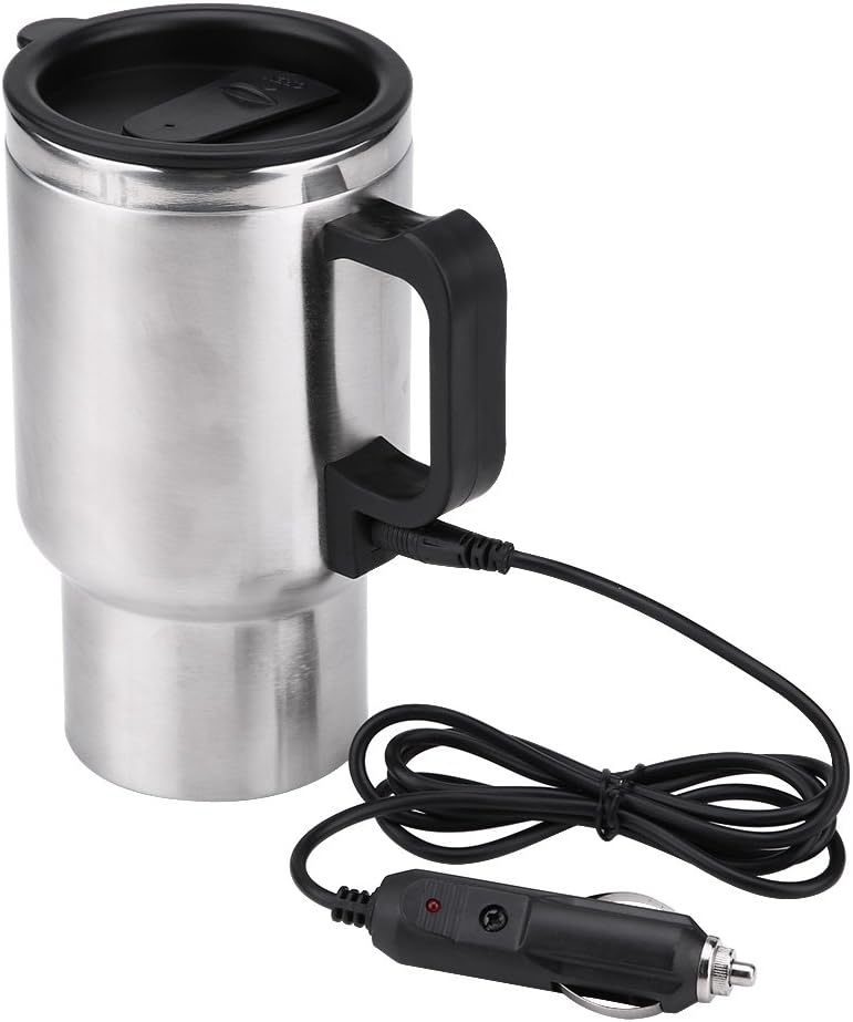 Ejoyous Electric Car Kettle, 16 Oz Stainless Steel Heated Travel Mug Water Boiler Portable in-car Heating Cup Coffee Tea Warmer Cup Thermoses Powered by 12V Cigarette Lighter Plug, 450ML - Image 1