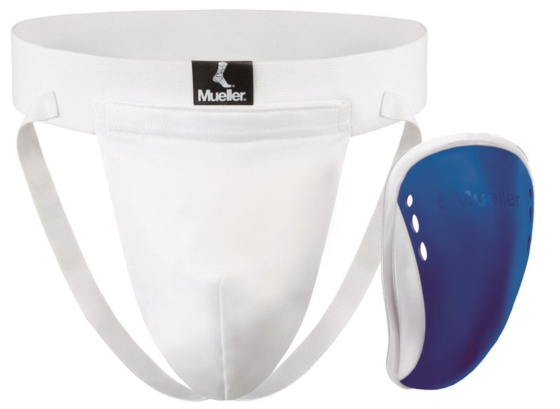 MUELLER Sports Medicine Youth Boy's Athletic Supporter with Flex Shield Cup, Kids Jockstrap for Sports, White Underwear/Blue Cup, Large - Image 1