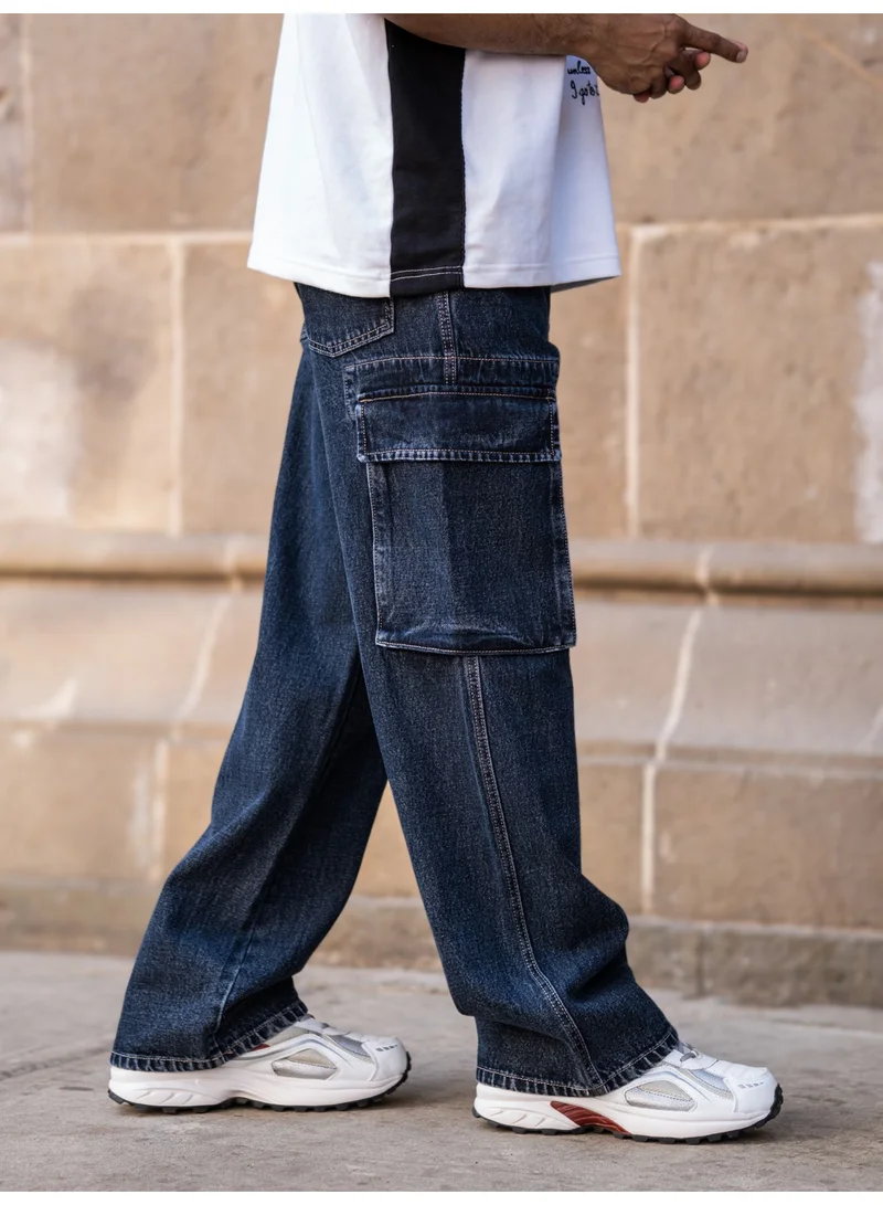 Maniac Maniac Mens Solid Baggy Navy Denim Fabric Cargo Jean