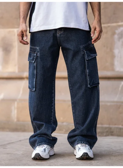 Maniac Maniac Mens Solid Baggy Navy Denim Fabric Cargo Jean