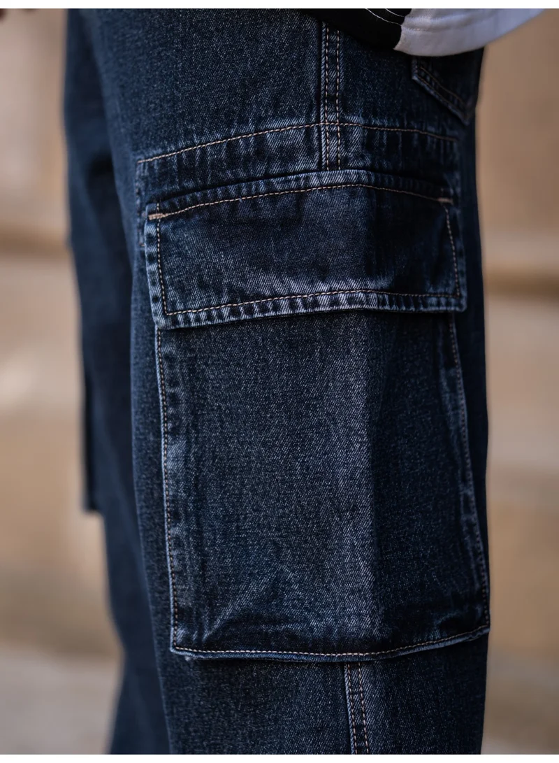 Maniac Maniac Mens Solid Baggy Navy Denim Fabric Cargo Jean