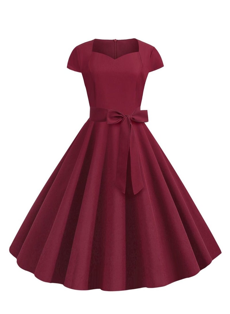 Loquat Retro Women's Sleeve Wrap Solid Belt Large Swing Dress Wine Red  - Image 1