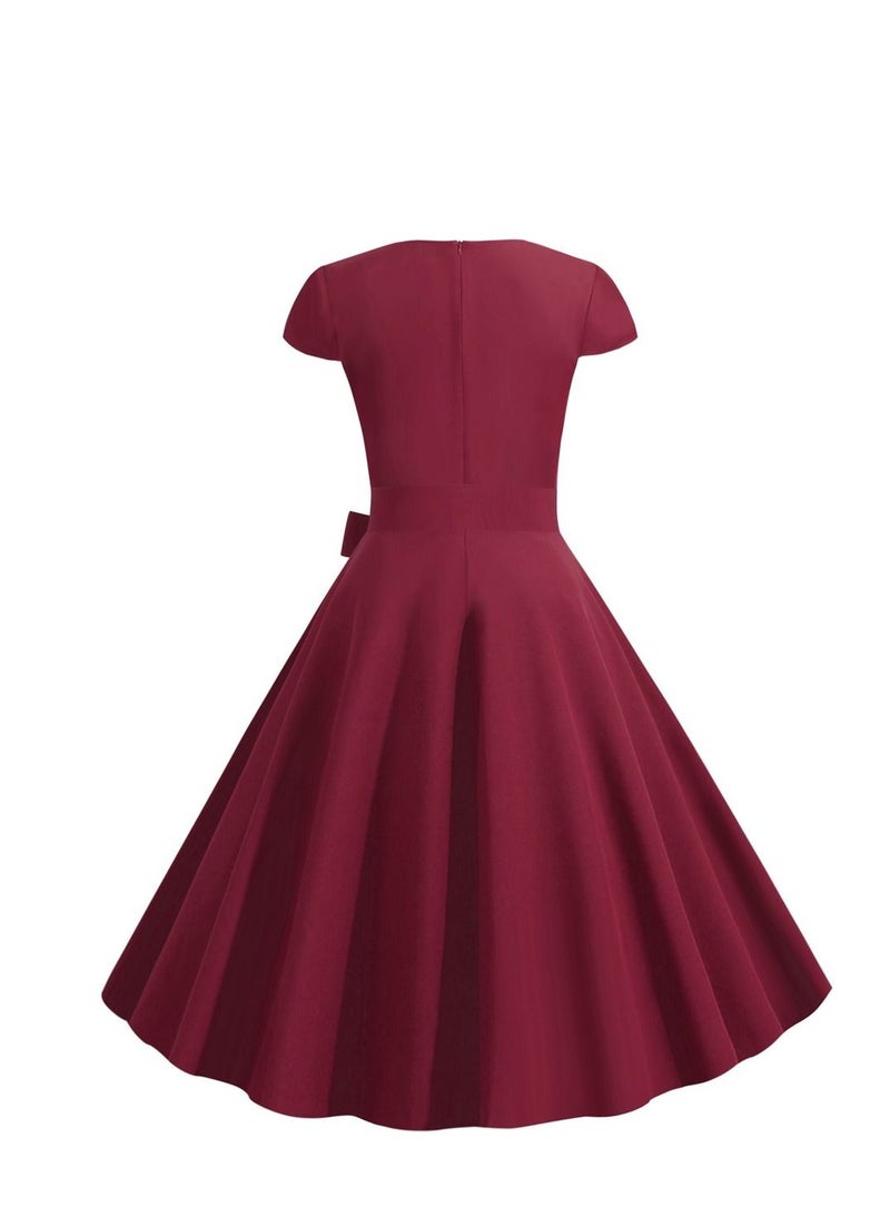 Loquat Retro Women's Sleeve Wrap Solid Belt Large Swing Dress Wine Red  - Image 2