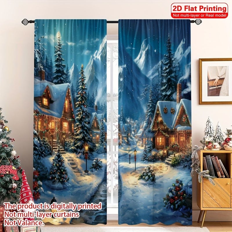 Set of 2 Winter Village Christmas Curtains Digitally Printed on Polyester 75x260cm for Living Room Bedroom Dining Room Tea Room Decor - Image 1