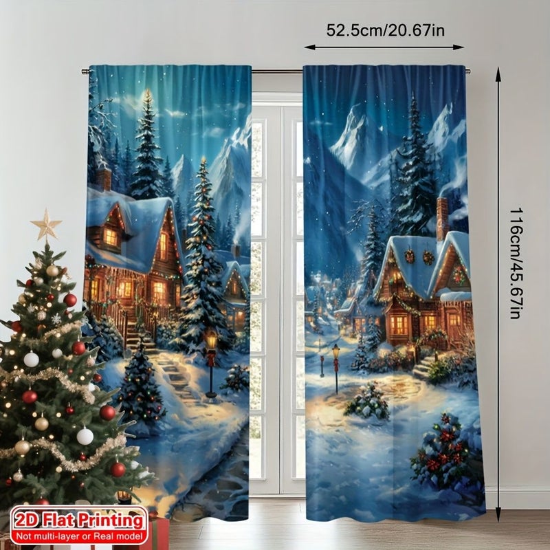 Set of 2 Winter Village Christmas Curtains Digitally Printed on Polyester 75x260cm for Living Room Bedroom Dining Room Tea Room Decor - Image 2