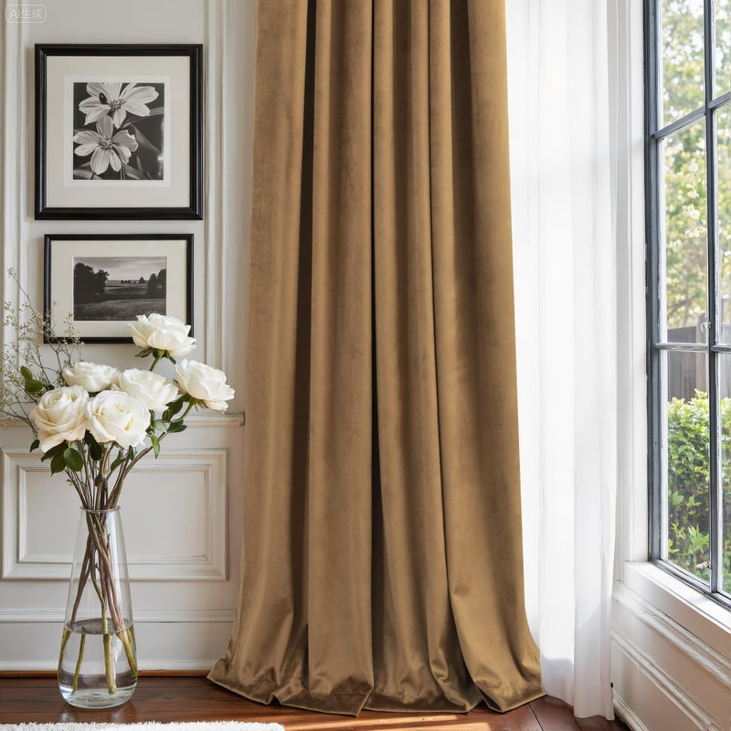 Pitalk 90 Inch Long Curtains Velvet Gold Brown Modern Farmhouse Thermal Curtain for Summer Heat Vintage Boho Rustic Neutral Elegant Fall Drape for Bedroom Dining Room Darkening Mid Century Decor 2 Panels Set - Image 5
