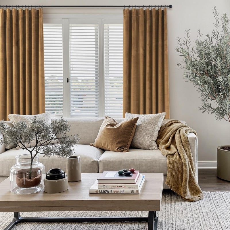Pitalk 90 Inch Long Curtains Velvet Gold Brown Modern Farmhouse Thermal Curtain for Summer Heat Vintage Boho Rustic Neutral Elegant Fall Drape for Bedroom Dining Room Darkening Mid Century Decor 2 Panels Set - Image 3