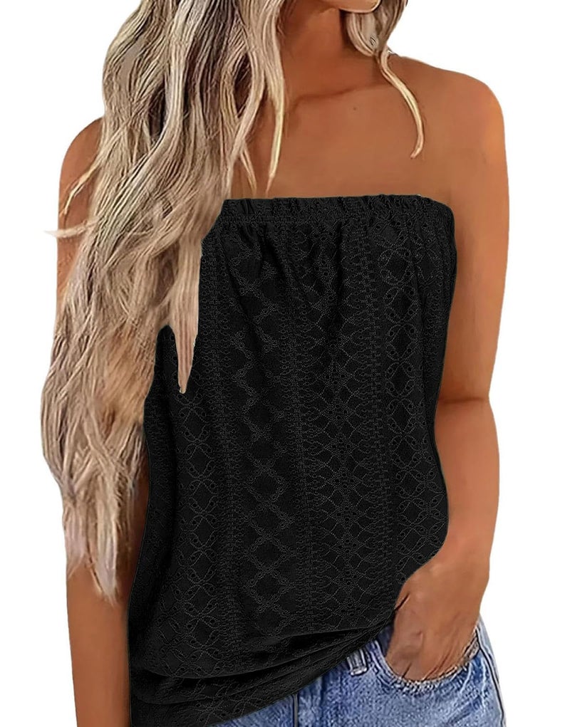 IWOLLENCE Women's Eyelet Tube Tops Sheer Backless Strapless Top Sleeveless Bandeau Tanks Shirt Flowy Beach Coverups Summer Hawaii Outfits Hollow Out Black, M - Image 1