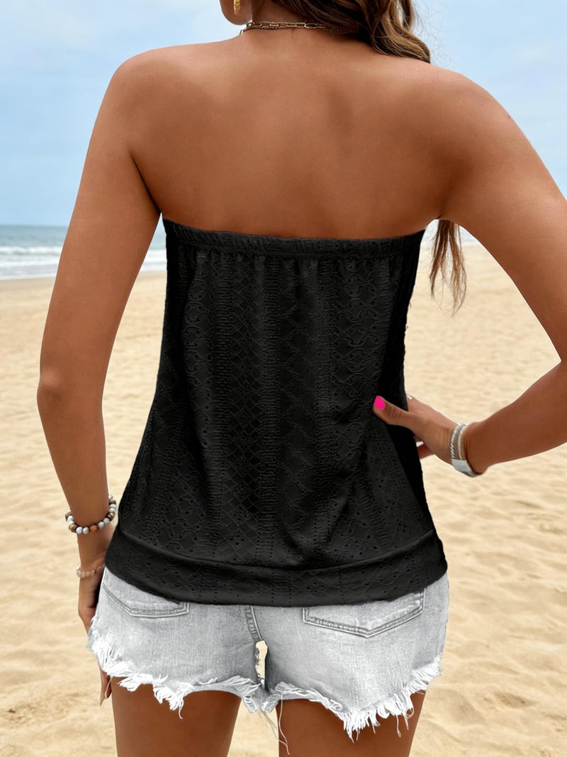 IWOLLENCE Women's Eyelet Tube Tops Sheer Backless Strapless Top Sleeveless Bandeau Tanks Shirt Flowy Beach Coverups Summer Hawaii Outfits Hollow Out Black, M - Image 2