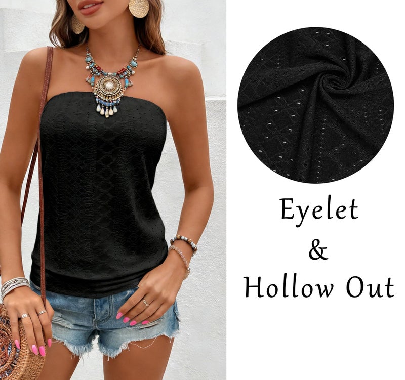 IWOLLENCE Women's Eyelet Tube Tops Sheer Backless Strapless Top Sleeveless Bandeau Tanks Shirt Flowy Beach Coverups Summer Hawaii Outfits Hollow Out Black, M - Image 4
