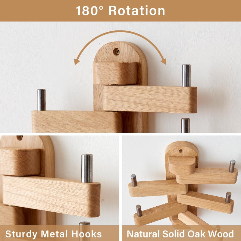 TRWISWDC Swivel Coat Rack Oak Coat Hooks, Wood Wall Hooks with 5 Swivel Foldable Arms, 12'' Length Wall Coat Rack Hat Hooks for Bathroom Entryway Bedroom Office Kitchen, Heavy Duty (Natural) - Image 2