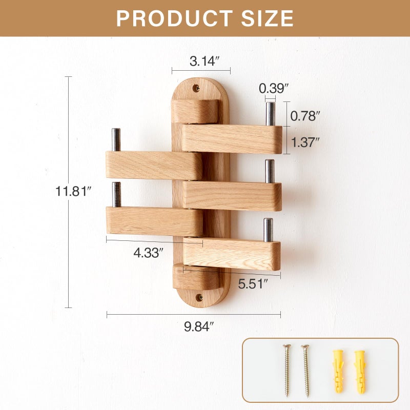 TRWISWDC Swivel Coat Rack Oak Coat Hooks, Wood Wall Hooks with 5 Swivel Foldable Arms, 12'' Length Wall Coat Rack Hat Hooks for Bathroom Entryway Bedroom Office Kitchen, Heavy Duty (Natural) - Image 3