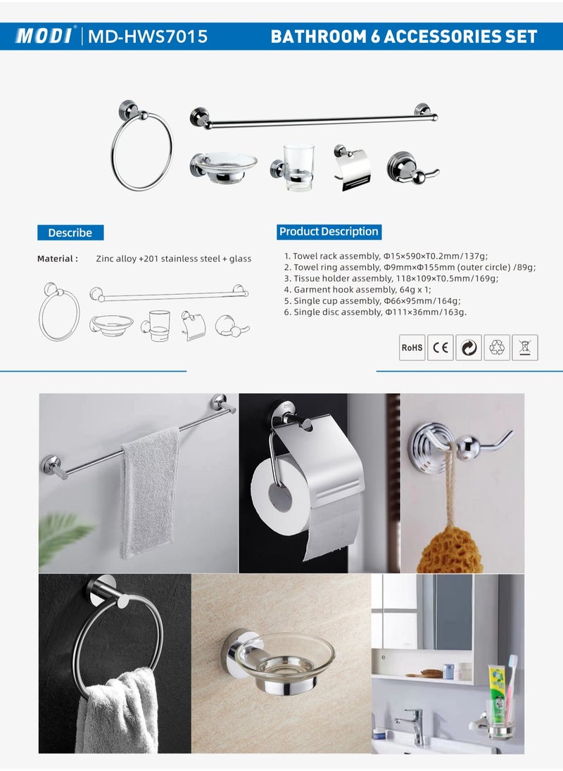 MODI Bathroom Accessories  Set 6-in-1 | Towel Ring / 600mm Towel Rail / Robe Hook / Toilet Paper Holder with Cover / Soap Dish with Holder | Concealed fastening |  - Image 1
