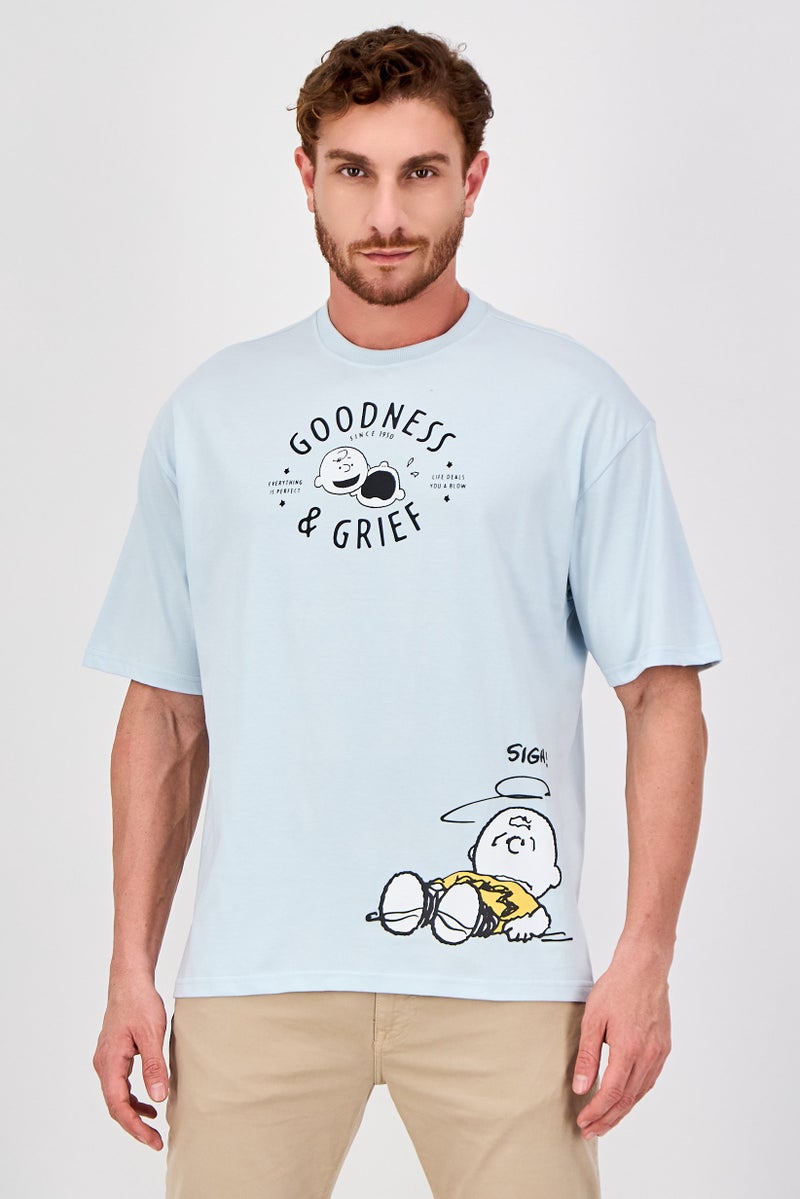Peanuts Men Crew Neck Short Sleeve Graphic Print T-Shirt, Sky Blue - Image 1