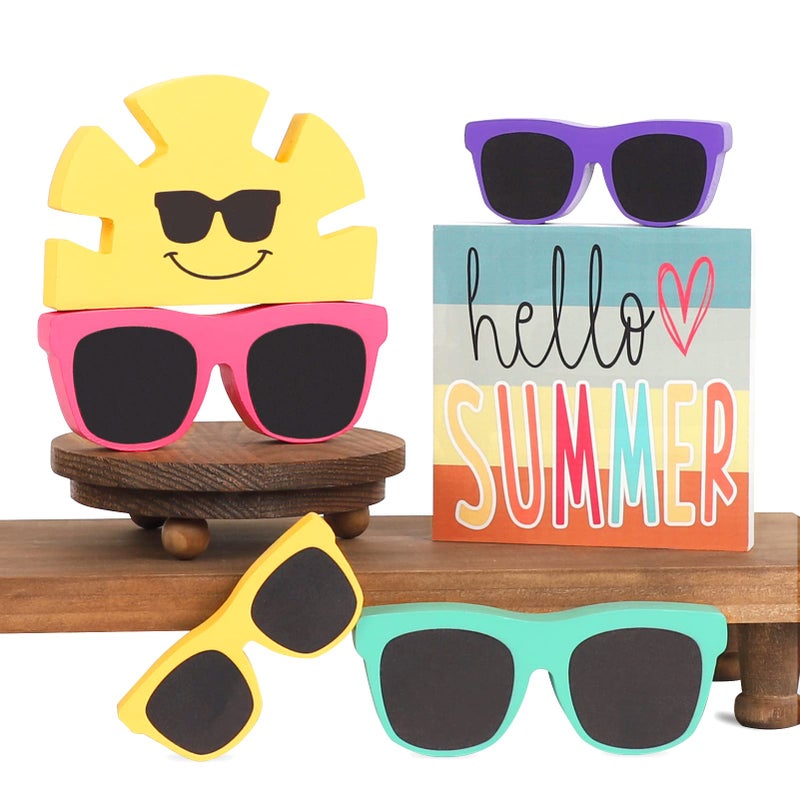 DAZONGE Summer Decor 6 PCS Rustic Summer Tiered Tray Decor Sunglasses Sunshine Wood Home Decorations Luau Party Decorations