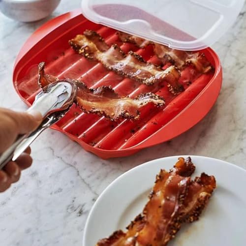 Tookie Microwave Bacon Tray with Splatter Lid, Microwave Bacon Cooker Make Crispy Bacon in few Minutes, Quick and with No Mess, Bacon Grill Tray(Red) - Image 5