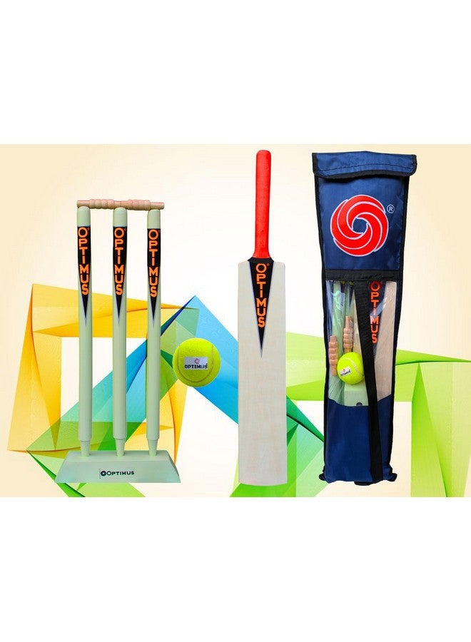 Optimus مجموعة أدوات كريكيت خشبية من أوبتيموس® للأطفال في غلاف تترون ثقيل - الحجم 5 للأطفال من 11-12 سنة (مضرب واحد، كرة تنس مطاطية واحدة، 3 دعامات، قاعدة واحدة، 2 بيل وغطاء مجموعة واحد) 8D - Image 1