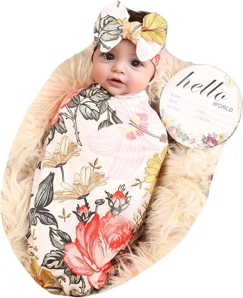 Galabloomer Newborn Receiving Blanket Headband Set Flower Print Baby Swaddle Blankets (Garden Flower) - Image 1