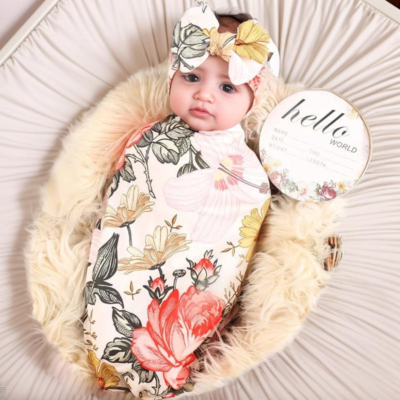 Galabloomer Newborn Receiving Blanket Headband Set Flower Print Baby Swaddle Blankets (Garden Flower) - Image 2
