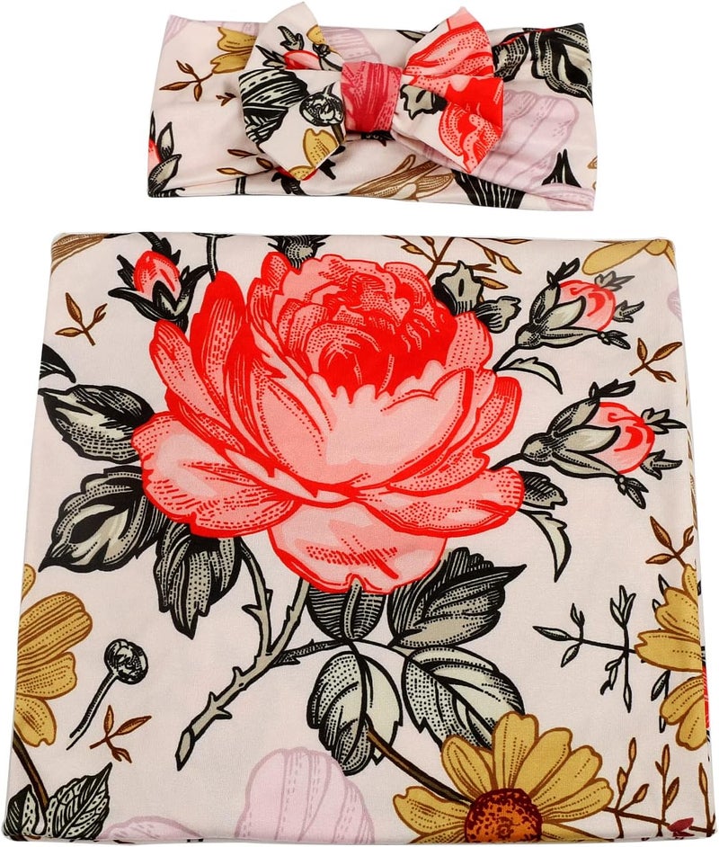 Galabloomer Newborn Receiving Blanket Headband Set Flower Print Baby Swaddle Blankets (Garden Flower) - Image 4