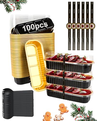 YQER 100 Pack Black Mini Cake Pans with Lids and Spoons 68 oz Disposable Aluminum Foil Mini Loaf Pans with Stickers Elegant Dessert Cake Tins Containers for Wedding Parties Bake Sales and Gifts - Image 1