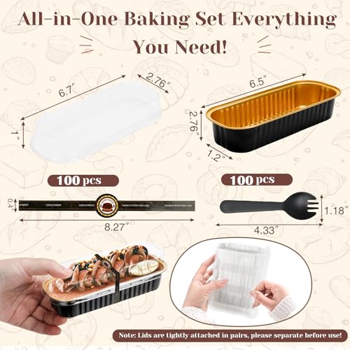 YQER 100 Pack Black Mini Cake Pans with Lids and Spoons 68 oz Disposable Aluminum Foil Mini Loaf Pans with Stickers Elegant Dessert Cake Tins Containers for Wedding Parties Bake Sales and Gifts - Image 3