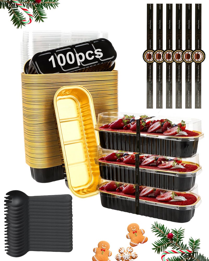 YQER 100 Pack Black Mini Cake Pans with Lids and Spoons 68 oz Disposable Aluminum Foil Mini Loaf Pans with Stickers Elegant Dessert Cake Tins Containers for Wedding Parties Bake Sales and Gifts - Image 2