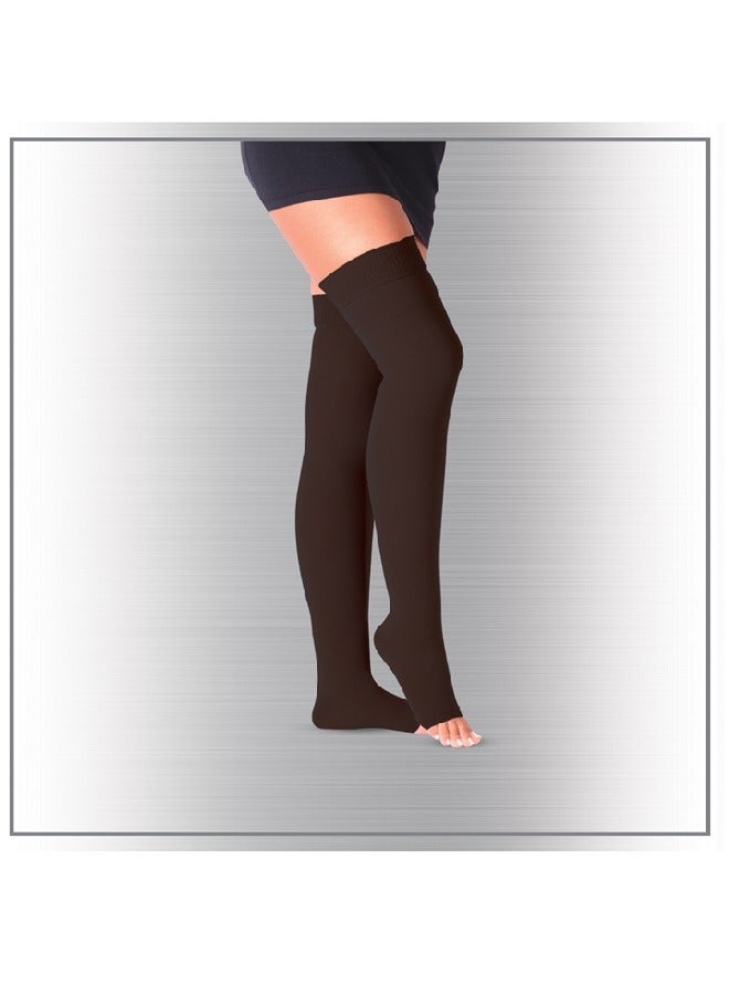 جوارب طبية ضاغطة طويلة فوق الركبة – أسود – CCL 1 (18–22 mmHg) – مفتوحة الأصابع – دعم الفخذ والكاحل وبطة الساق – للدوالي وتورم الساقين – مقاسات S–XXL – للجنسين