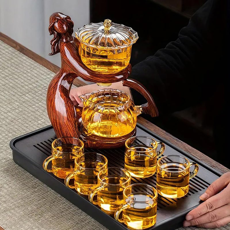 CUNHUY Lazy Kungfu Drip TeaPot, Heat Resistant Tea Set, Semi-Automatic Glass Teapot Suit for Magnetic Water Flow Wooden Glass Teapot Set with Cups (Coffee Maiden) - Image 2
