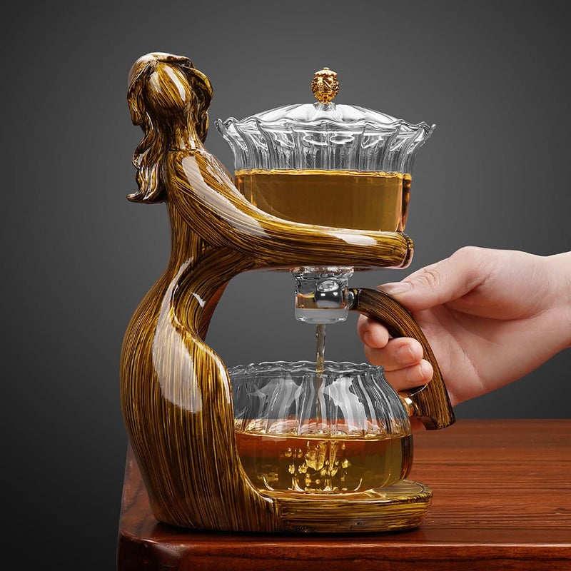 CUNHUY Lazy Kungfu Drip TeaPot, Heat Resistant Tea Set, Semi-Automatic Glass Teapot Suit for Magnetic Water Flow Wooden Glass Teapot Set with Cups (Coffee Maiden) - Image 1