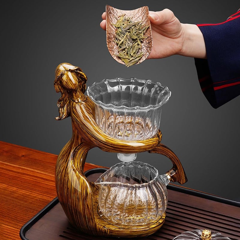 CUNHUY Lazy Kungfu Drip TeaPot, Heat Resistant Tea Set, Semi-Automatic Glass Teapot Suit for Magnetic Water Flow Wooden Glass Teapot Set with Cups (Coffee Maiden) - Image 4