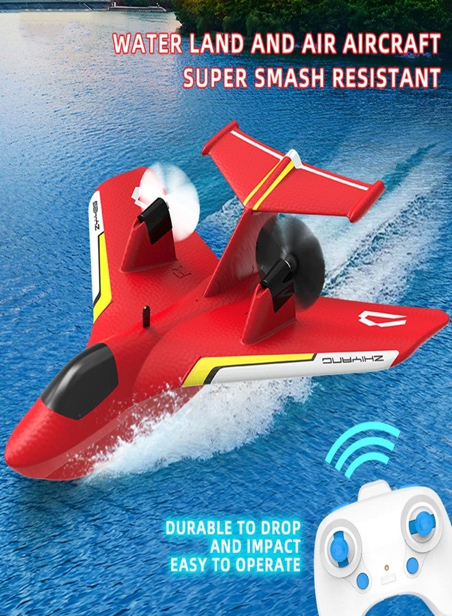 QFCST Remote Control Wireless Airplane Toy, Gravity Gliders Airplane With Lights, Rc Plane For Water Land & Air, Rc Float Plane, 2.4G 2 Channels Rc Remote Control Fighter Model Toy For Adults Kids (Red) - Image 3