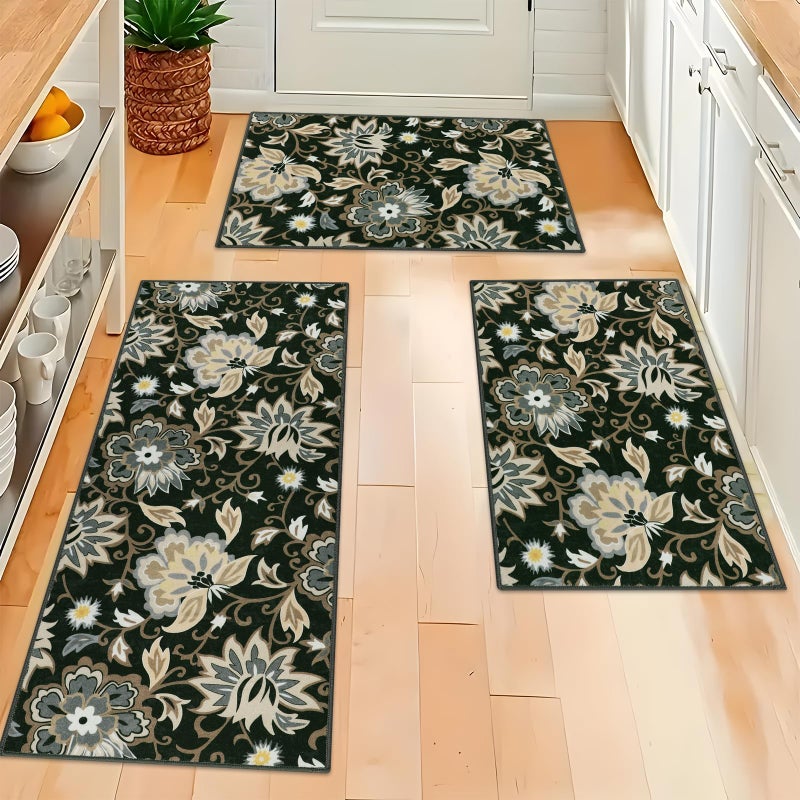 Homcomoda Boho Kitchen Rug Sets 3 Piece with Runner Non Slip Kitchen Floor Mats Washable Kitchen Rugs and Mats Floral Kitchen Carpet Runner Rugs for Kitchen Laundry Hallway - Image 1