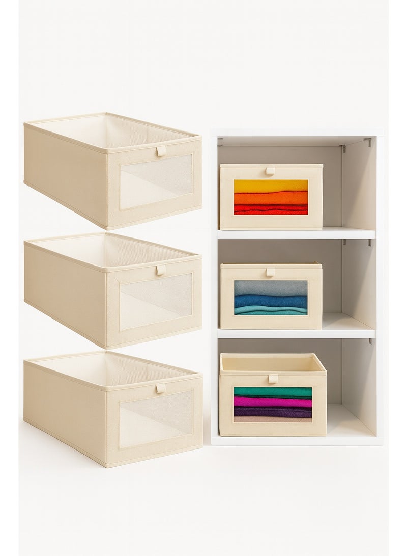 زيسبرس صناديق تخزين الكتان - منظم خزانة ملابس قابل للطي، منظم أدراج، منظم خزائن، صندوق تخزين موفر للمساحة، صناديق تخزين قماشية كبيرة مع نافذة مرئية. مثالية لتنظيم الملابس، الجينز، الألعاب، الكتب، الأرفف والخزائن. سلال تخزين قابلة للغسل في الخزائن لتنظيم أنيق وفعال (4 قطع و3 قطع). - Image 2