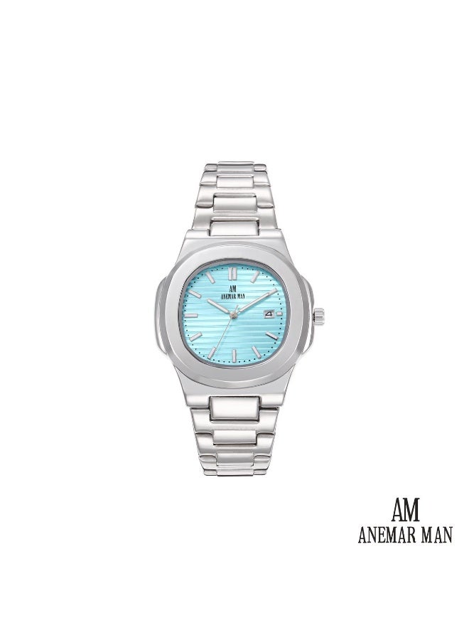 ANEMAR MAN Men's stainless steel wristwatch, water-resistant and high quality, silver strap with a sky blue dial